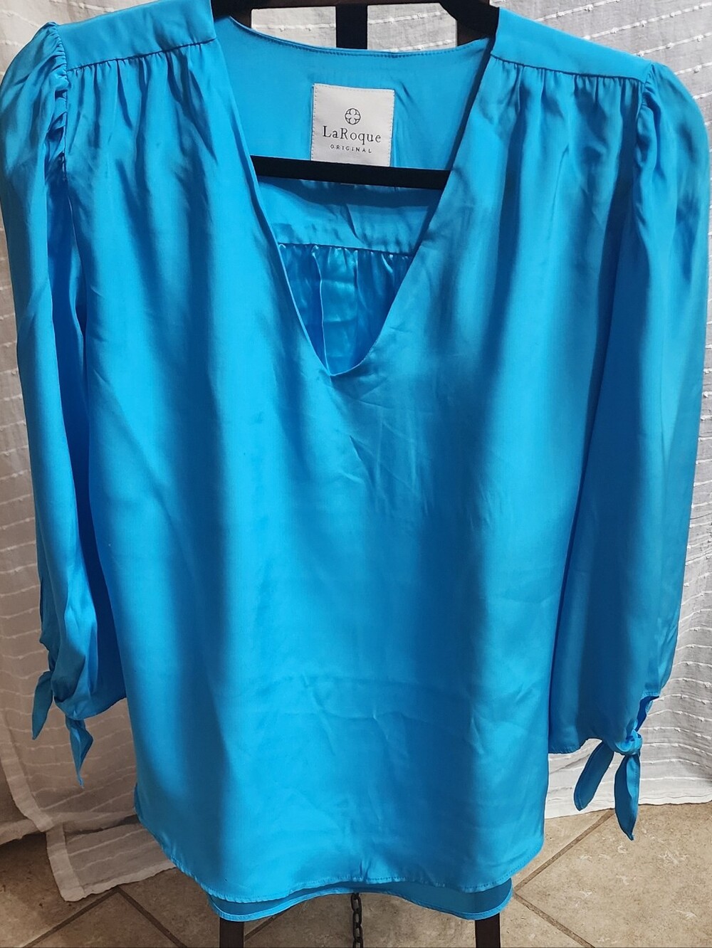 LaRoque Bright Blue V-Neck Silk Blouse with Tie Sleeves